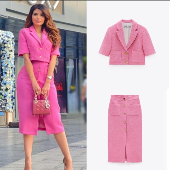 Zara Skirts Zara Pink Set Textured Crop Jacket Midi Skirt Poshmark